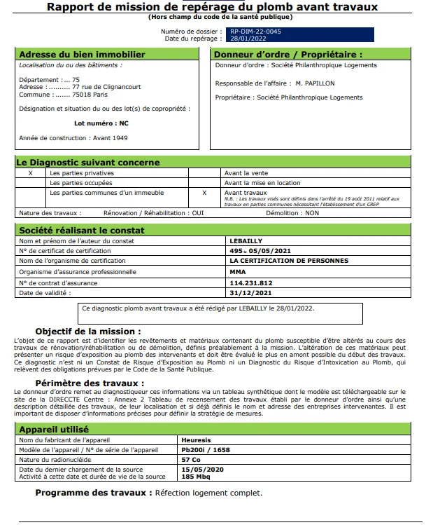 Diagnostic plomb